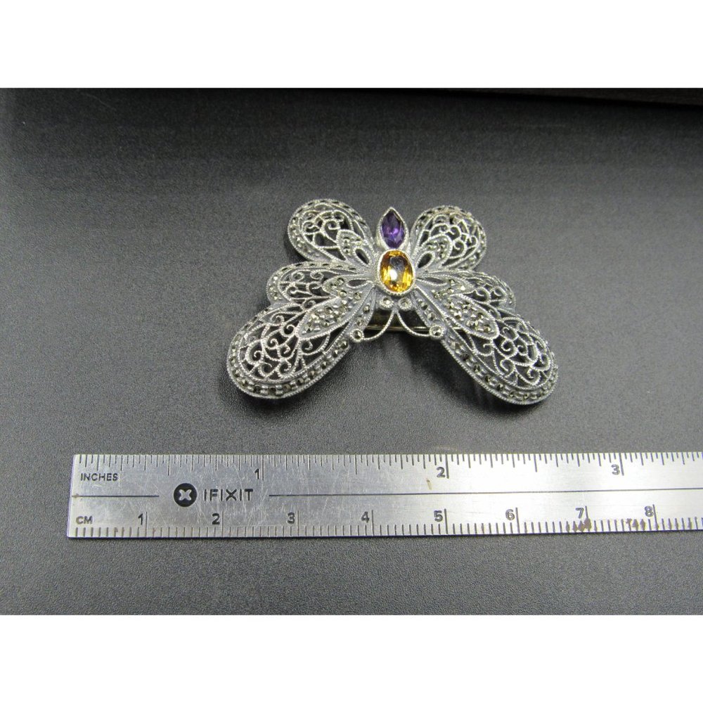 Sterling Silver Citrine Amethyst Marcasite Butterfly Pin Brooch - Picture 6 of 7